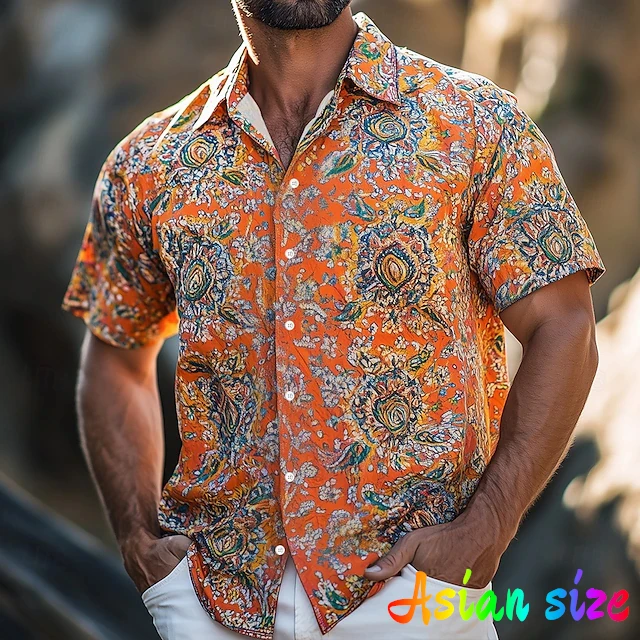 

Men's Hawaii Summer India style Pattern Vintage Stripe Casual Shirts Beach Retro Short Sleeve Blouse New Vacation Party Camisa