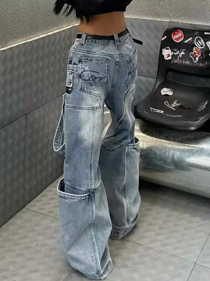 American Oversized Retro Pocket Heavy Industry Zipper Jeans Y2k Harajuku Men And Women Graffiti Splicing Loose Hip Hop Jeans