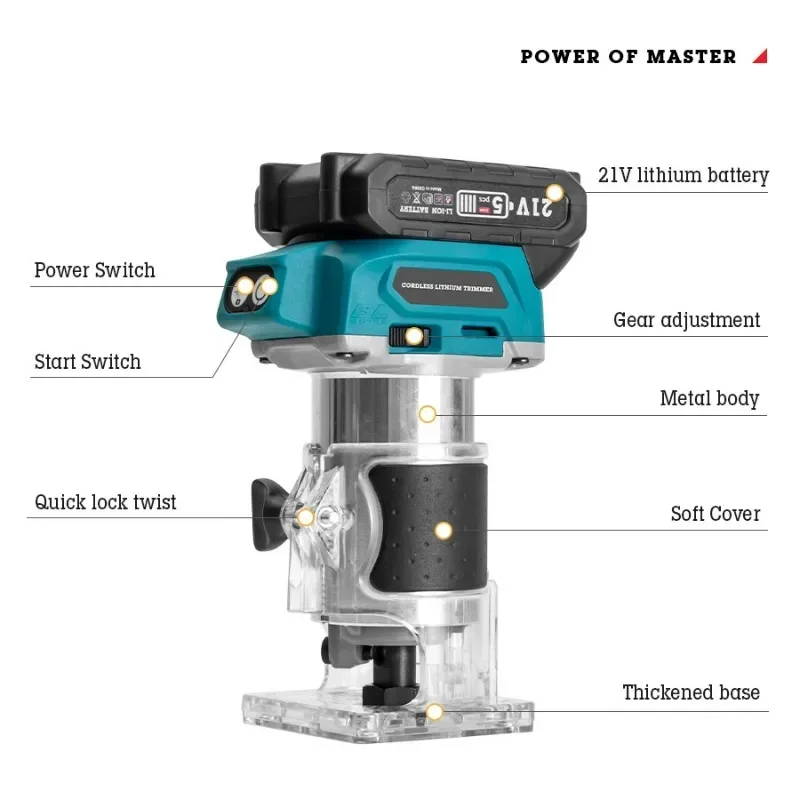 Imagem -05 - Brushless Lithium Aparador Elétrico Carpintaria Aparar Máquina Slotting Aparar Cavar Gravura Madeira Fresagem