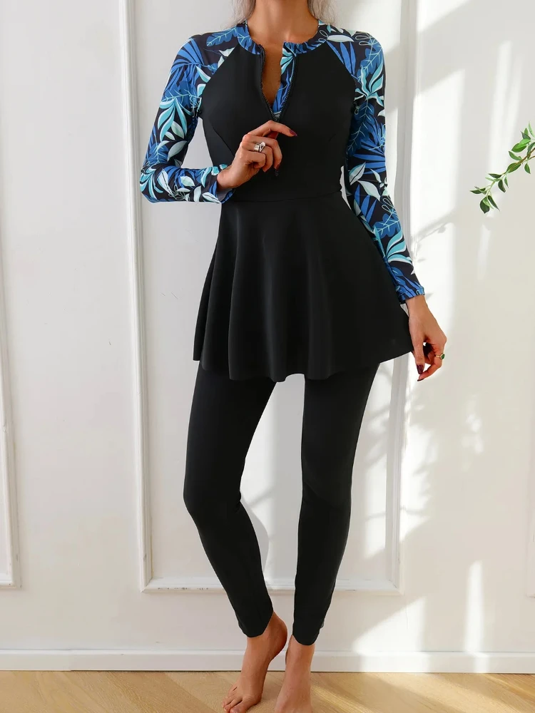 

Muslim Burkini Swimwear Sets Long Sleeve Top Long Pants Black Floral Print Zipper Sports Bathing Suit Beachwear Stylish Design