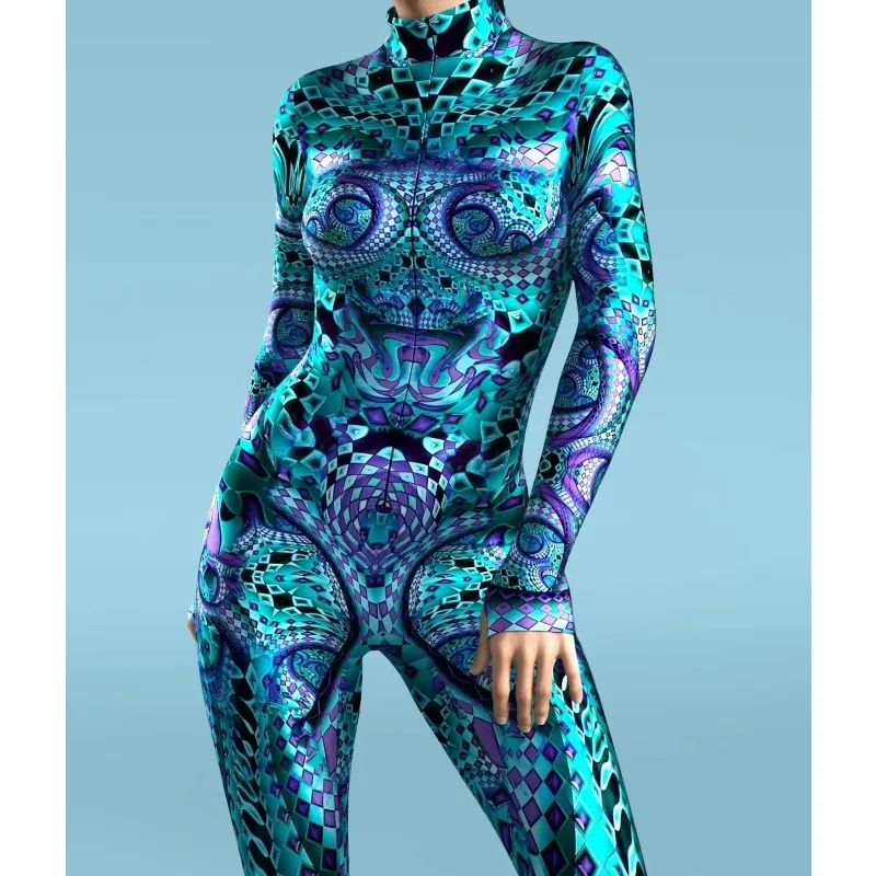 

Punk Colored Pattern Cosplay Costume Sexy Long Sleeve Zentai Suit Halloween Theme Party Role Playing Bodysuit for Adult Women