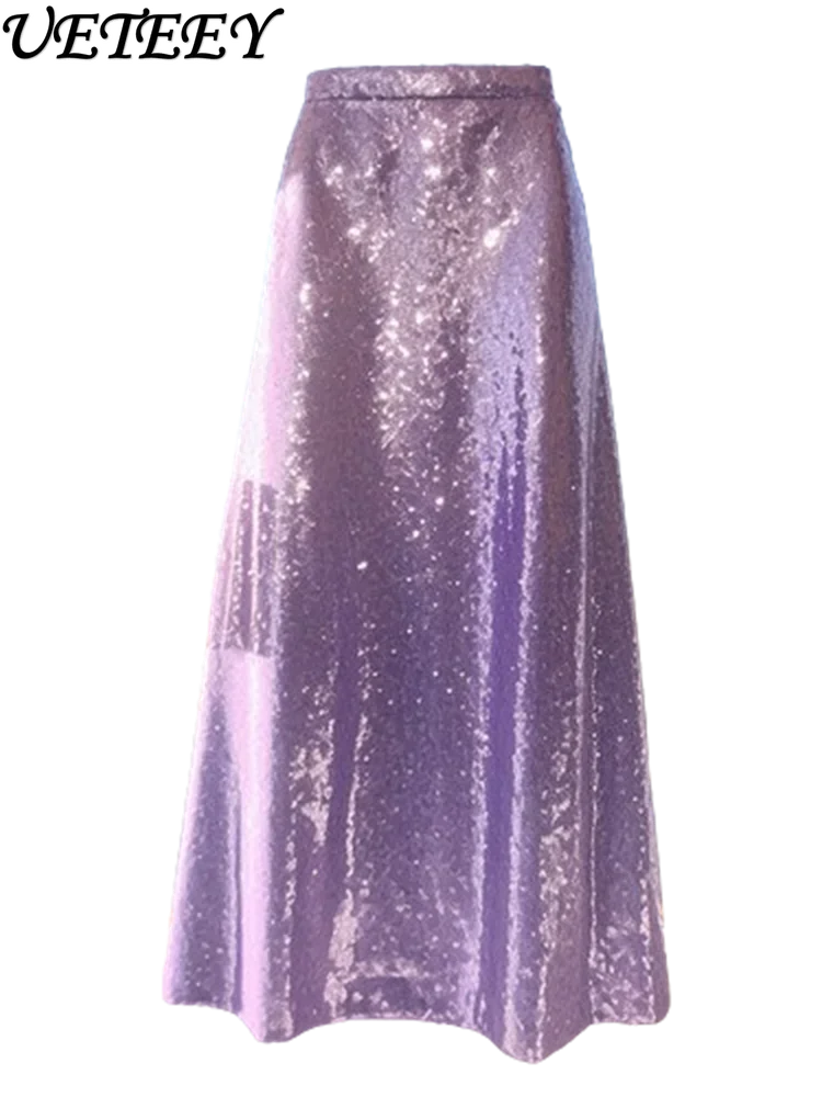 Elegant Ladies Maxi Skirts European Goods 2024 Spring New Popular Style High-Waist Purple Glitter Long Skirt for Women