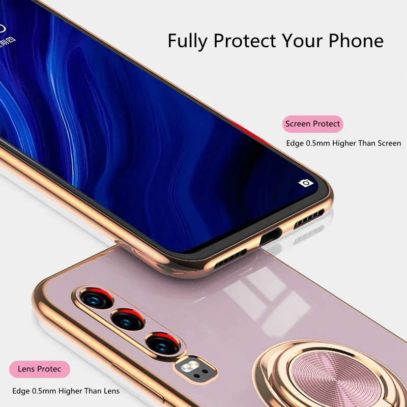 Luxury Plating Silicone Case For Huawei P40 P30 P20 Mate Honor 40 30 20 V30 Nova 8 7 6 Pro Plus Lite SE Ring Holder Stand Cover