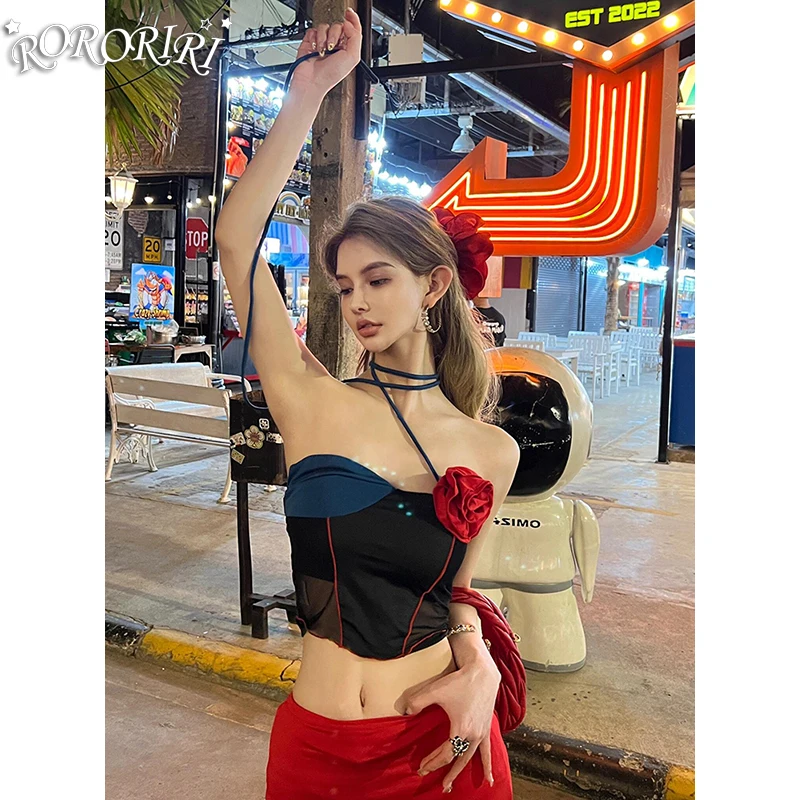 

RORORIRI Retro Contrast Strappy Halter Top Women Leaf & Rose Stitch Corset Top Grayu Slim Stretch Sleeveless Vest Y2k Streetwear