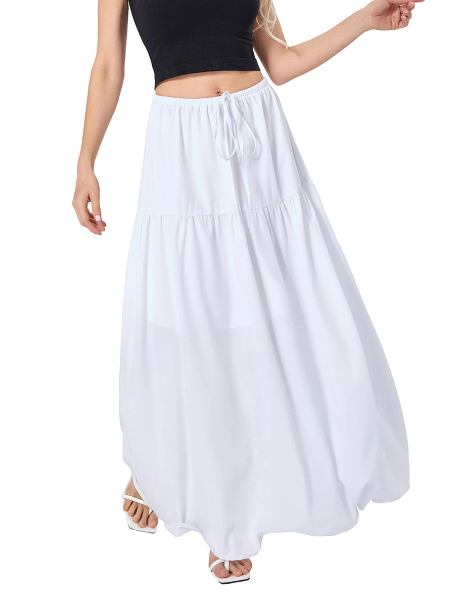 Summer Women s White Long Flowy Skirt Y2K Elastic Waisted A-Line Maxi Skirt for Beaches Club Streetwear