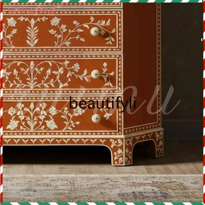 

D2520 French medieval style painted chest cabinet living room storage simple bedroom bedside solid wood cabinet