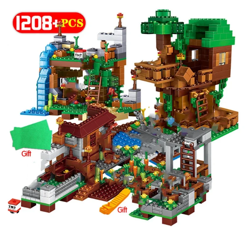 1208PCS My Worlds Building Blocks The Mountain Cave Village Warhorse Tree House Elevator with Figures Bricks Toys Children Gift