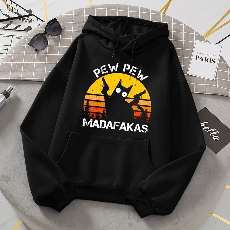 Pew Pew madafakas cat with two guns hoodies women casual fashion all match hoody fleece warm new pullovers Harajuku trend hooded