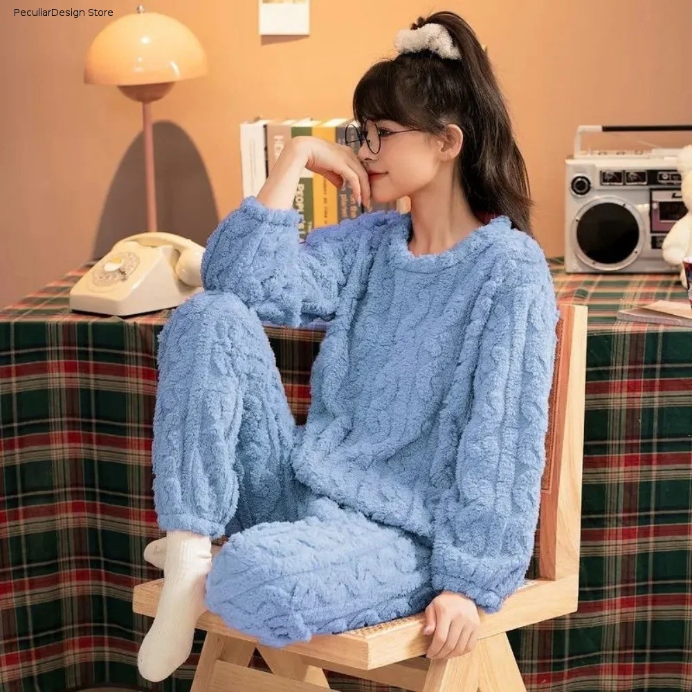 Loungewear Thicken Warm Women Pajama Set Soft Cozy Simple Fleece Long Sleepwear Autumn Winter Thermal Underwear Set Women