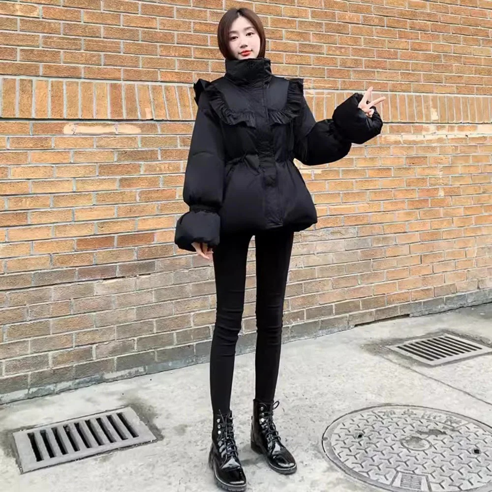 Fashion Ruffle Stand Collar Parkas Black Trumpet Sleeve Women Winter Jackets Elegant Ladies Cotton Outwear Coat Female Overcoat