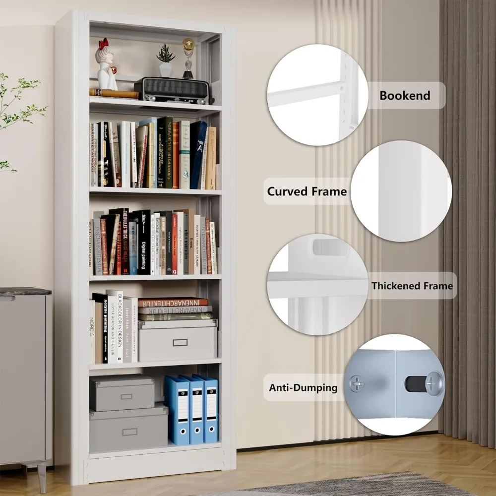 رف كتب طويل من المعدن الأبيض مكون من 5 طبقات لتخزين المكاتب - منظم قائم بذاته مع مساحة واسعة للرفوف