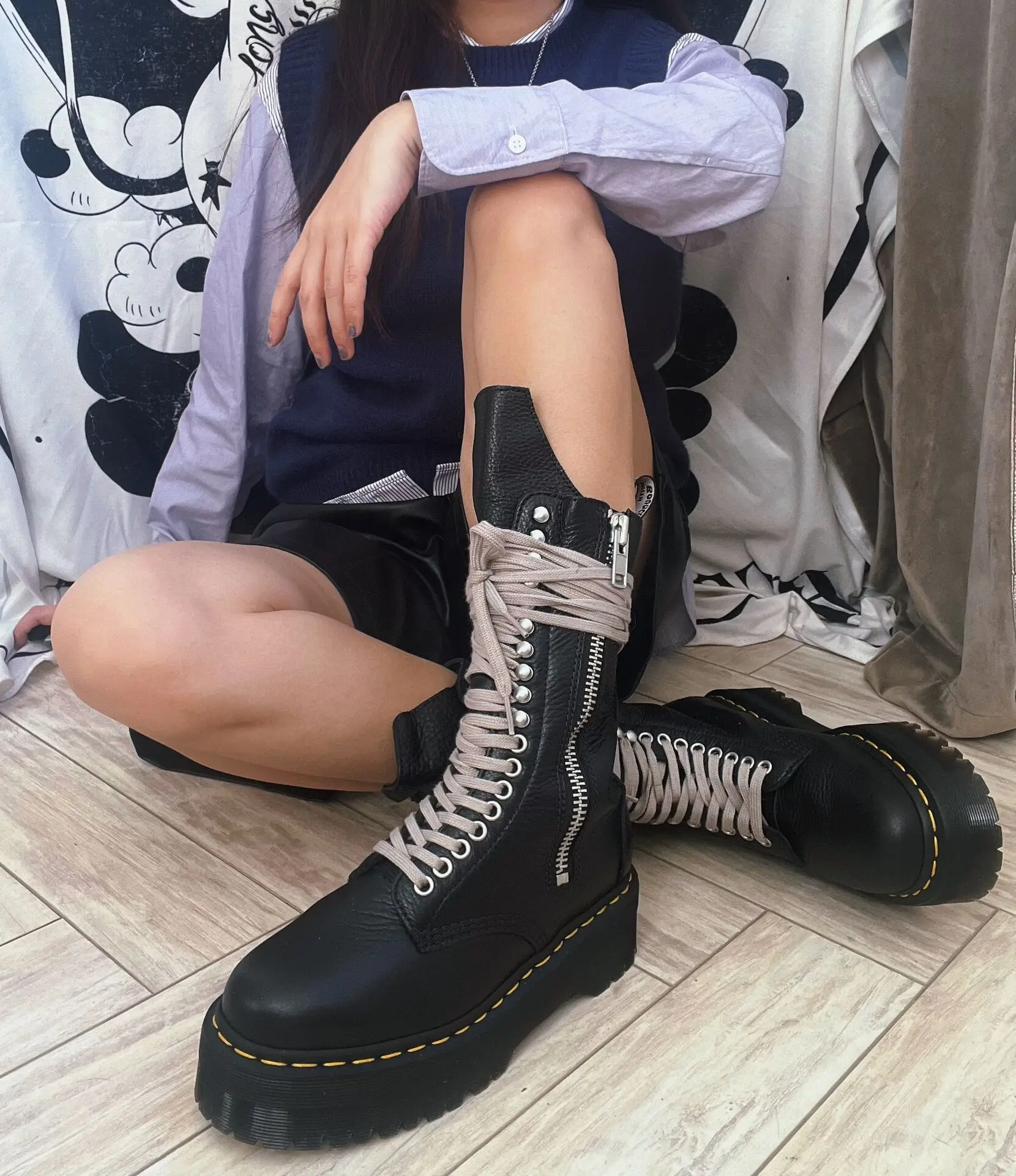 Cowhide Version of Boots for Womenbritish Style Small Stature, Medium Length Boots, Increased Thick Soled Motorcycle Short Boots