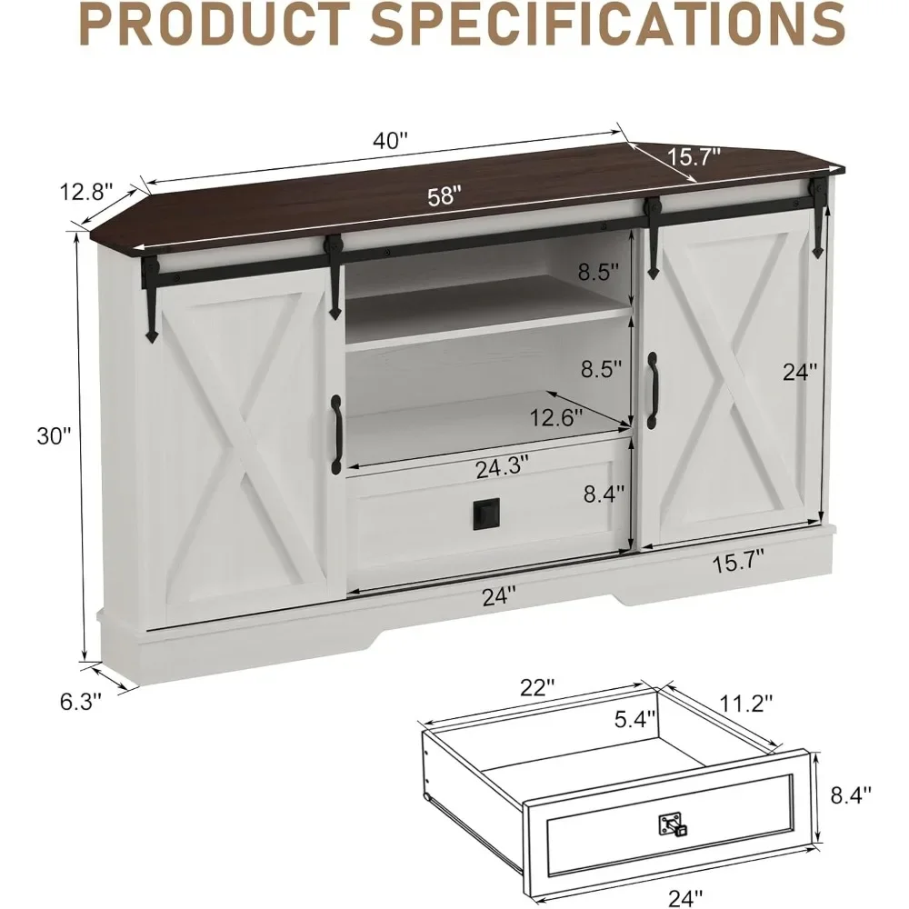 Corner TV Stand for 65 Inch TV - with Sliding Barn Door - Wood Entertainment Center Media Console Cabinet