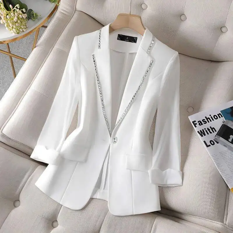 2026 New Summer Women's Diamond-Encrusted Sunscreen White Suit Jacket Women Fashion Thin Blazer Ladies Tops 5XL