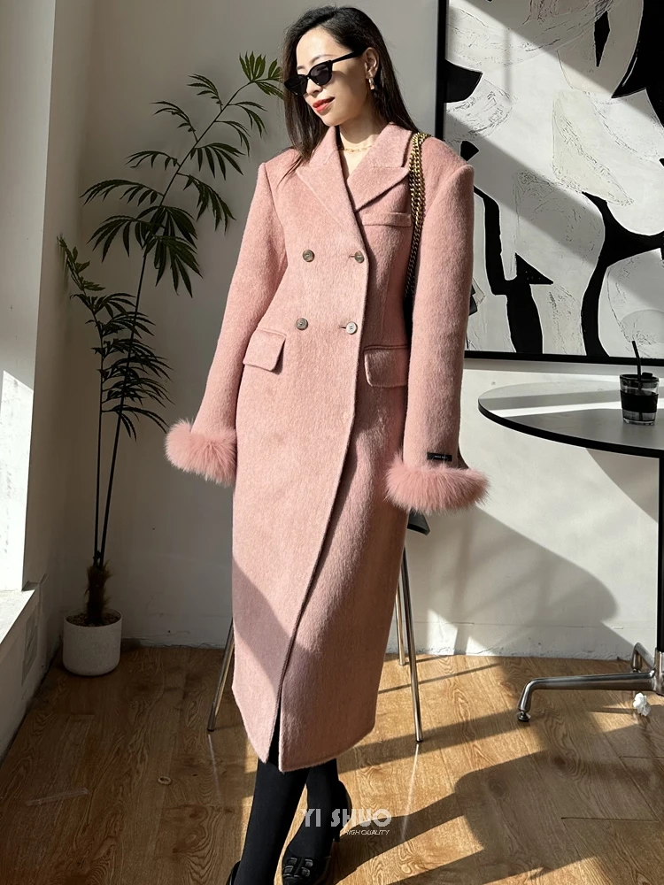 Korean Fashionable Winter Real Fox Fur Sleeve Coat Double Brested Waist-closure Sand Flap Trim Double-sided Wool Jacket Women