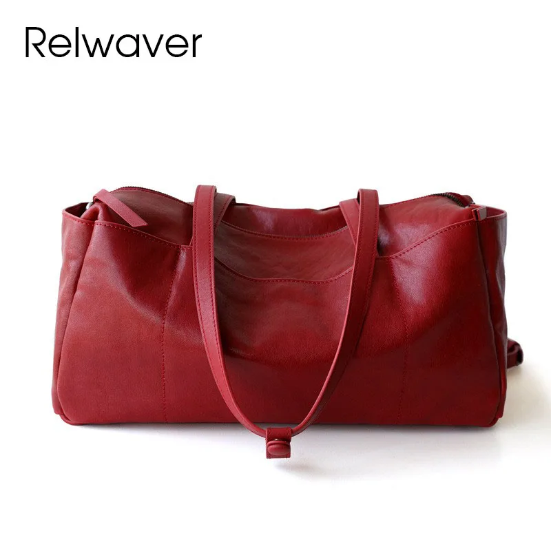 Relwaver tree cream cow leather Boston bag casual women shoulder bag 2025 spring summer big handbags chic genuine leather tote