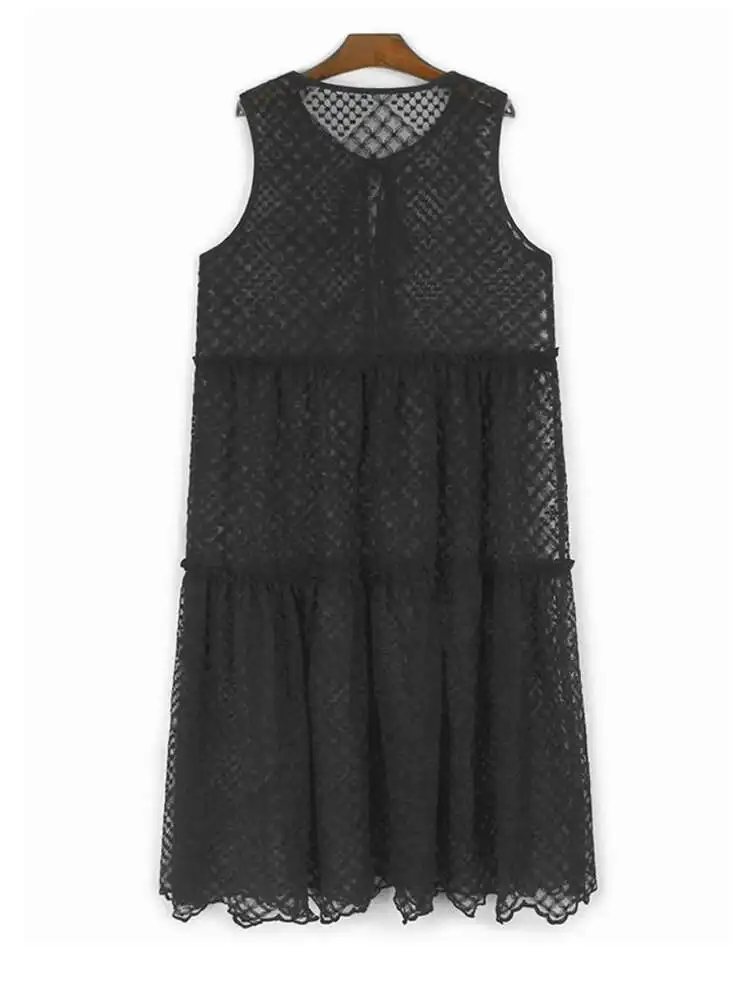 

Women Black Mesh Bandage Perspective Elegant Vest Dress New Round Neck Sleeveless Fashion Spring Summer