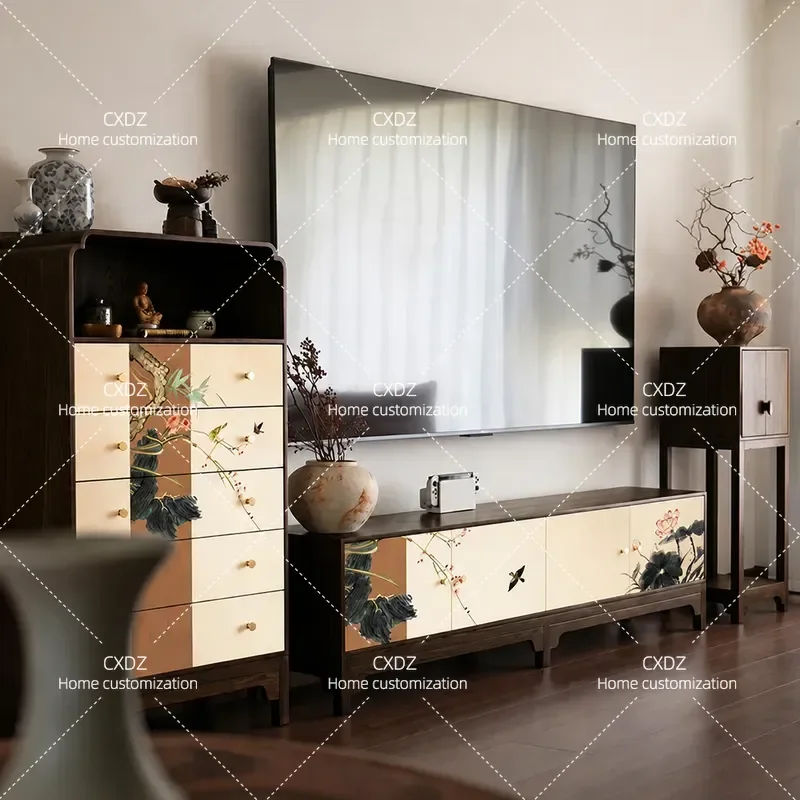 New Chinese Style Solid Wood TV Cabinet Song Aesthetics Lotus Flower Bird Living Room Storage Floor Low Cabinet Locker