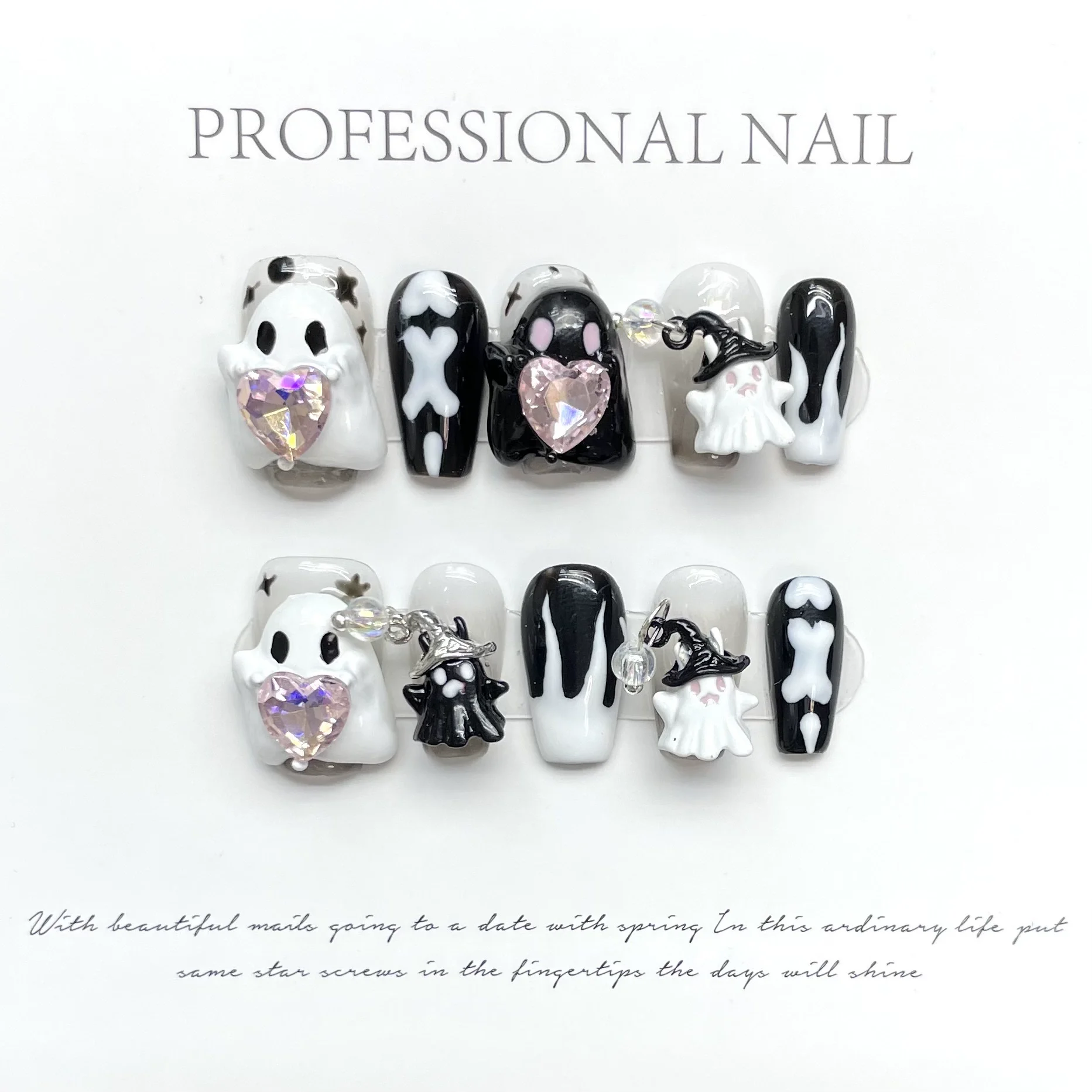 10 pièces nouveaux produits annuels Halloween édition limitée faux ongles faits à la main tête de citrouille fantômes squelette humain oeil de chat faux ongles