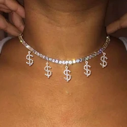 Bling Rhinestone Dollar Sign Pendant Choker Necklace for Women Gold Silver Color Crystal Chain Necklace Luxury Statement Jewelry