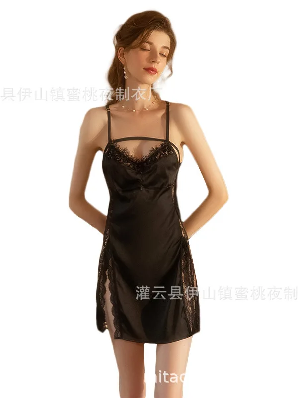 Romantic Uniforms Gentle Fashion Women Sexy Suspender Mature Charm Elegant Autumn Haute Couture Backless Slit Lace Dress DT16