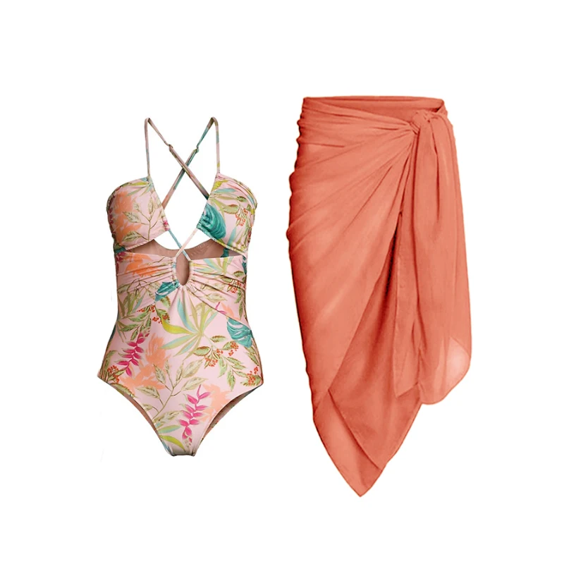 Maillot de bain à bretelles croisées pour femmes, orange, décontracté, col en v, amissié, plissé, bikini, vêtements de plage avec jupe, été 2023