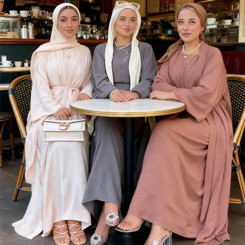 

Комплект из 2 предметов: Открытая абайя-кимоно и платье-кардиган для мусульманок, длинный мусульманский кафтан, исламская джалабия, турецкий халат на Ид.