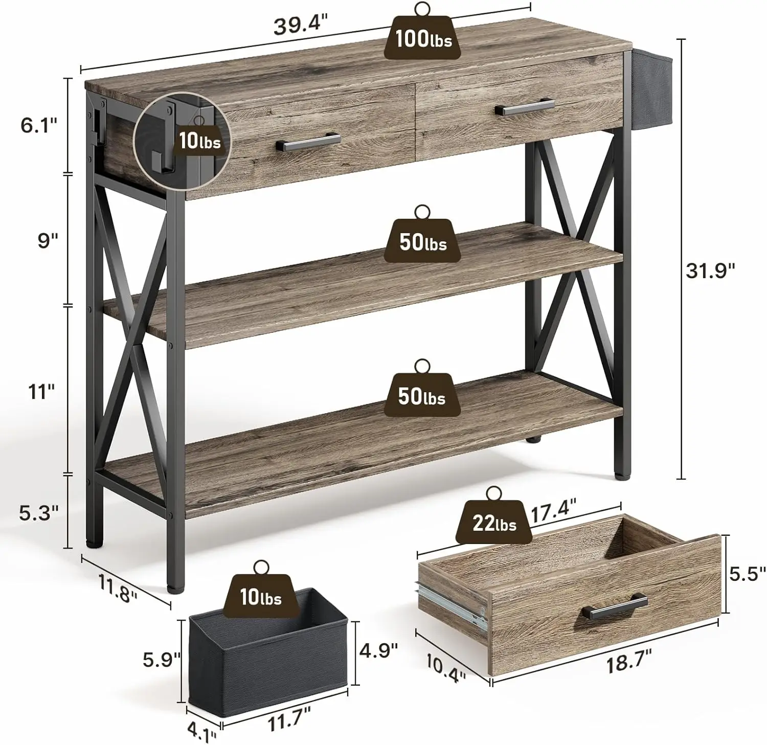 

Gizoon 39"" Console Table With 2 Drawers, Industrial Entryway Table With 3 Tier Storage Shelves, Narrow Long Sofa Table For