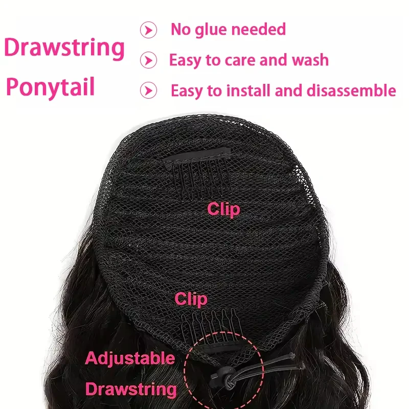 Body Wave Human Hair Ponytail Extensions for Women Natural Black Clip in Drawstring Ponytail Hair Extensions