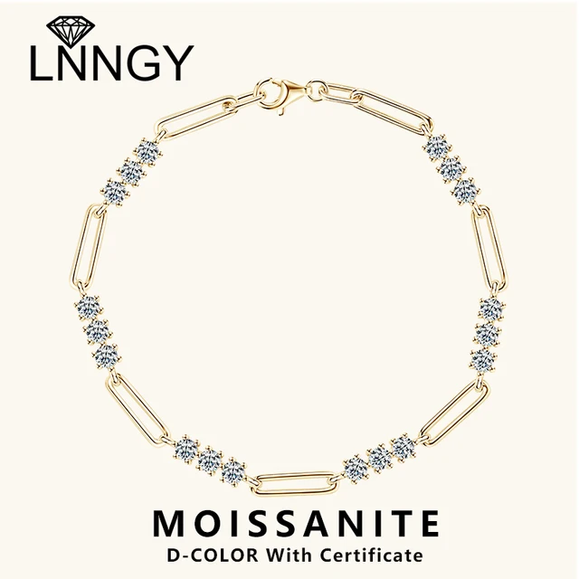 Lnngy Certyfikowana okrągła bransoletka z moissanitu 3MM dla kobiet 925 Sterling Silver Regulowane bransoletki łańcuszkowe Modna biżuteria na rękę Prezent