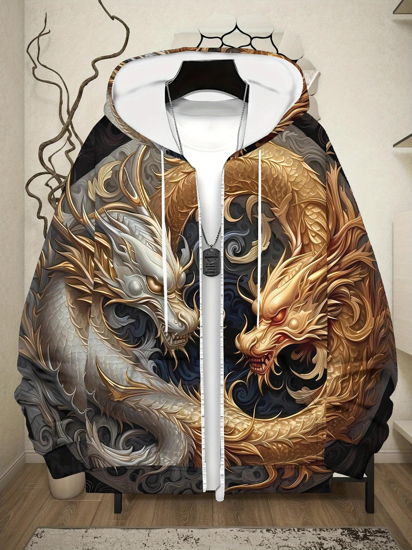 Moletom masculino com zíper de manga comprida com estampa de dragão dourado e nuvem branca, jaqueta casual outono inverno ao ar livre, cordão e bolso