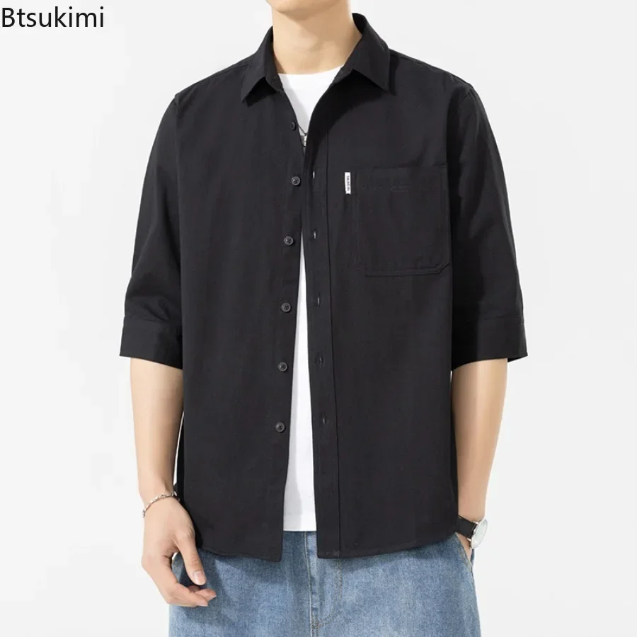 2025 Fashion Men's Short-sleeved Casual Shirt Comfortable Water Washed Cotton Shirt Coats Solid Loose Cardigan Tops Male Blouses