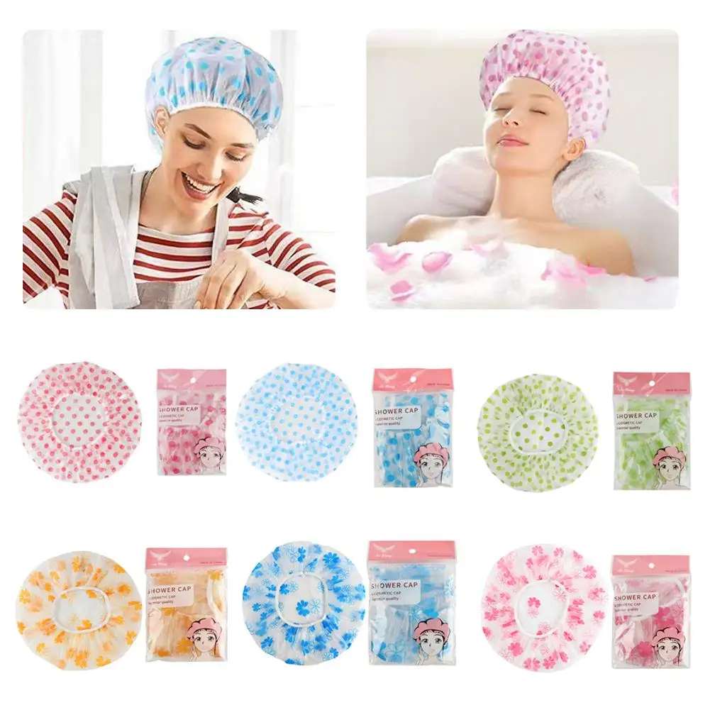 Pink Polka Dot Shower Cap PE Material Waterproof Soft Elastic Band Secure Fit Travel Friendly Lightweight Foldable Hair Protect