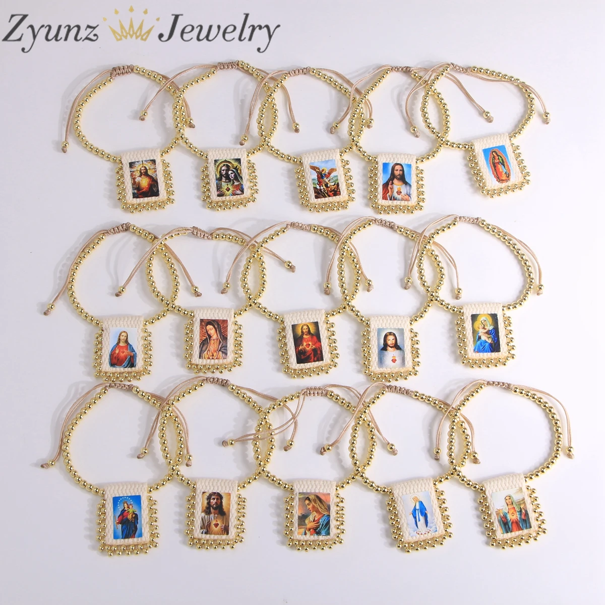 5PCS, 18K Gold Religious Virgin Mary/Jesus Fabric Pattern Handmade Accessories Adjustable Bracelet ﻿