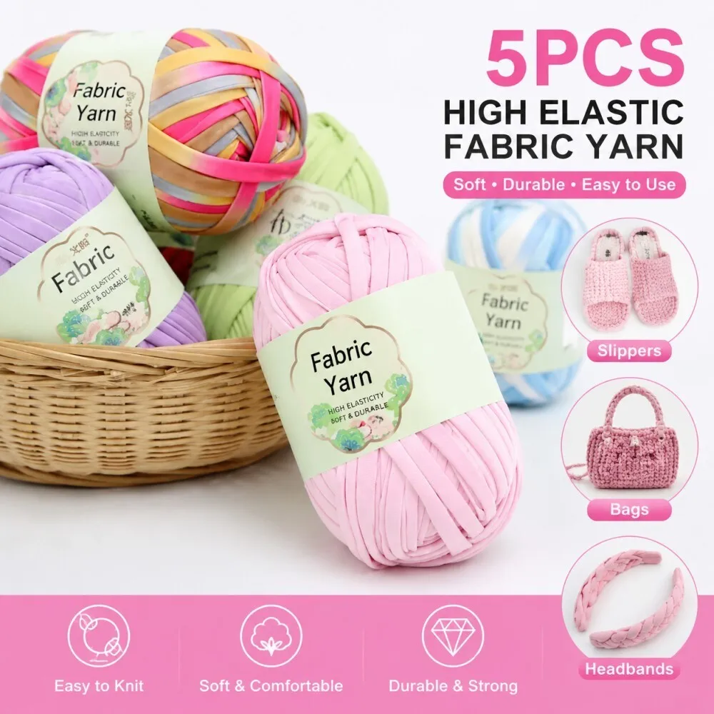 

5PCS Fabric Strip Yarn Knitted Yarn Crochet T-shirt Shoes Slippers DIY Handmade Blanket Thick Thread High Elasticity Fabric Yarn