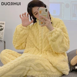 DUOJIHUI Yellow Winter Thick Warm Soft Flannel Female Pajamas Sets New Loose Simple Pure Color Fashion Pocket Pajamas for Women