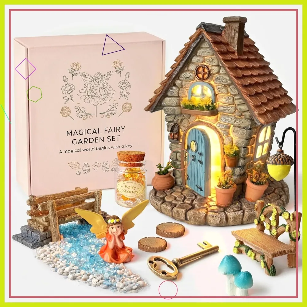 

13-Piece Fairy Garden Kit – 7.1" House with Solar Light, Bridge & Glowing Stones – Outdoor Decor