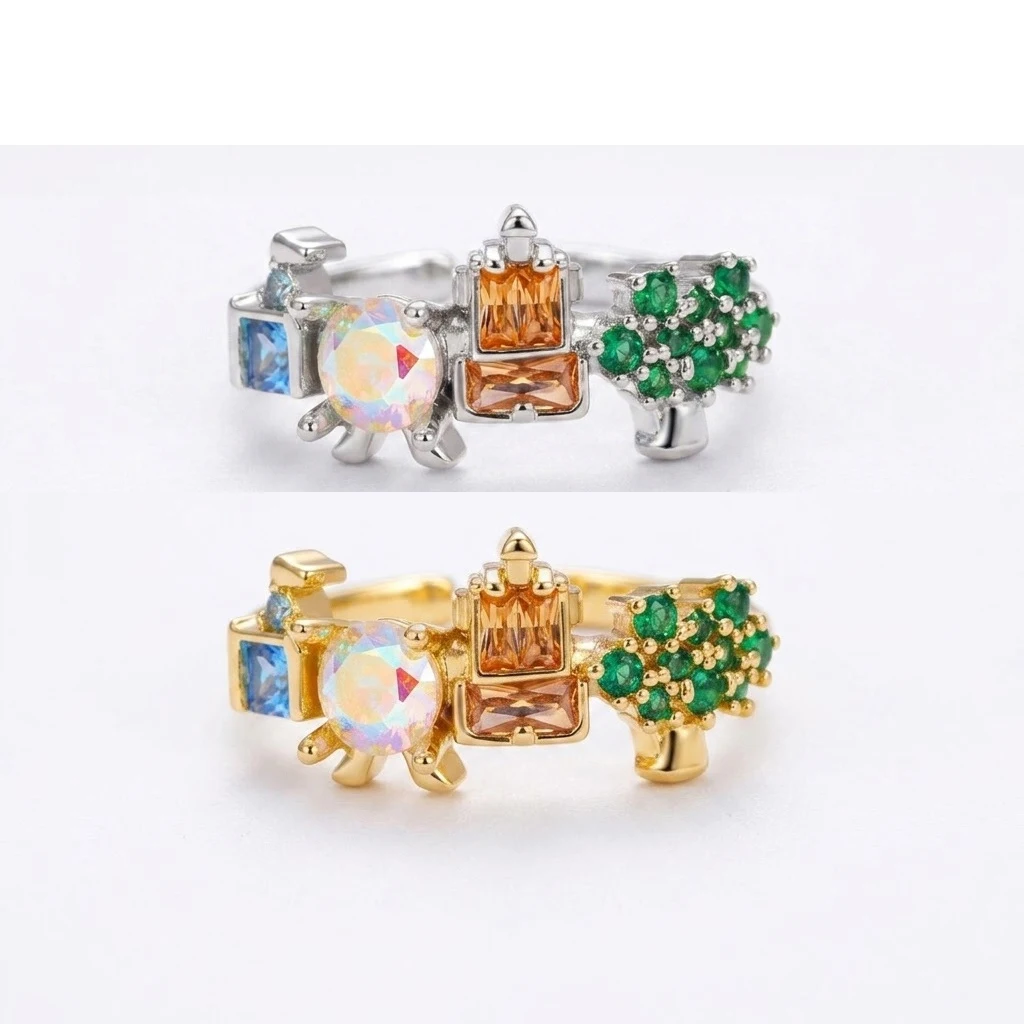 FTCY 2PCS Exquisite Colored Zircon Inlaid Amusement Park Ring For Women Castle Vegetable Ring Fashion Jewelry Gift
