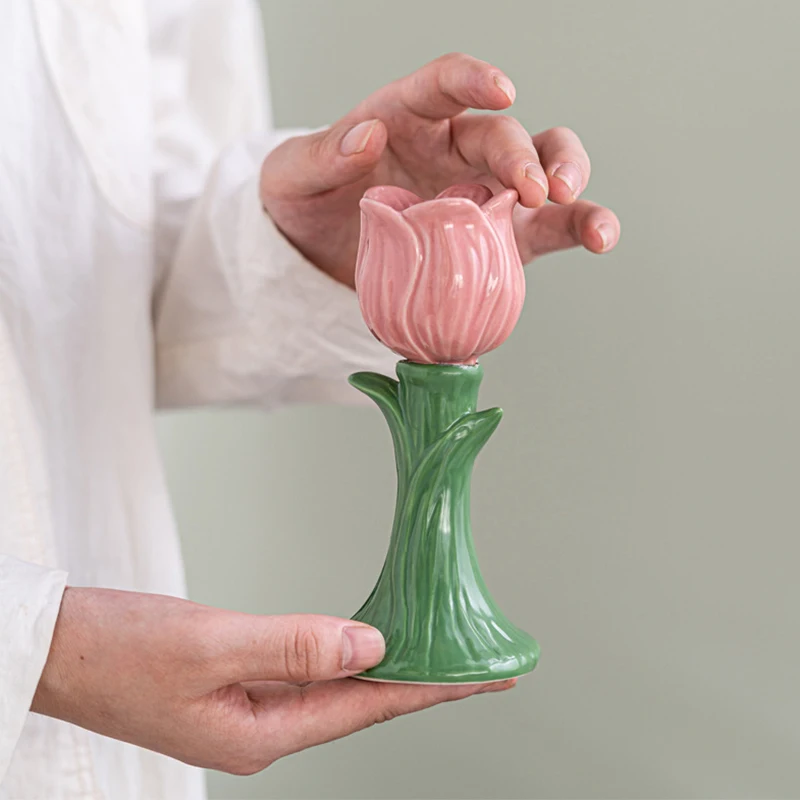 Tulip Shaped Ceramic Candlestick Holder Flower Stem Taper Candle Stand Cute Floral Tabletop Ornament ding Living Room Home Decor