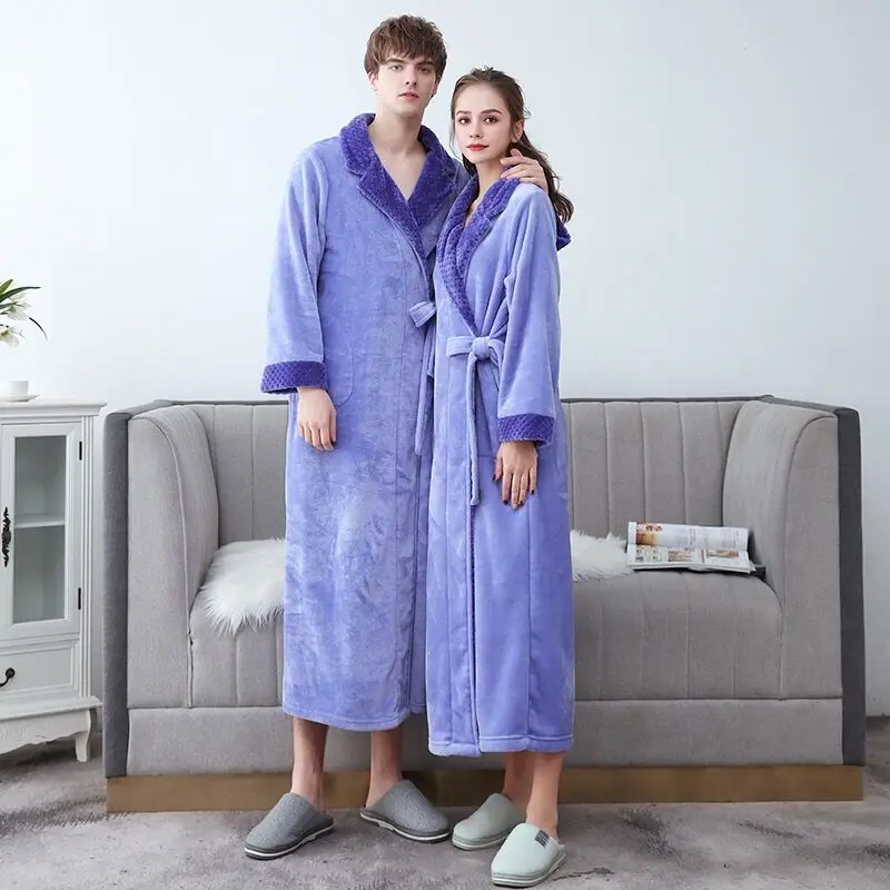 Male Winter Luxury Elegant Jacduard Sleepwear Robes Thick Flannel Couple Lovers Bathrobes Nightgown Belt Pocket Trendy Design