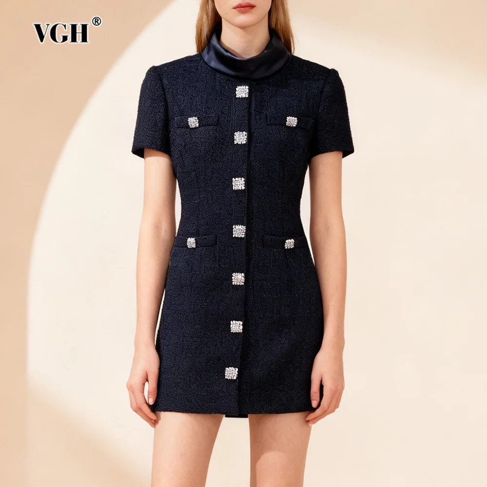 

VGH Office Commuting Dress for Women Satin Stand Collar Short Sleeve Patchwork Diamonds High Waist Chic Short Dresses Female New