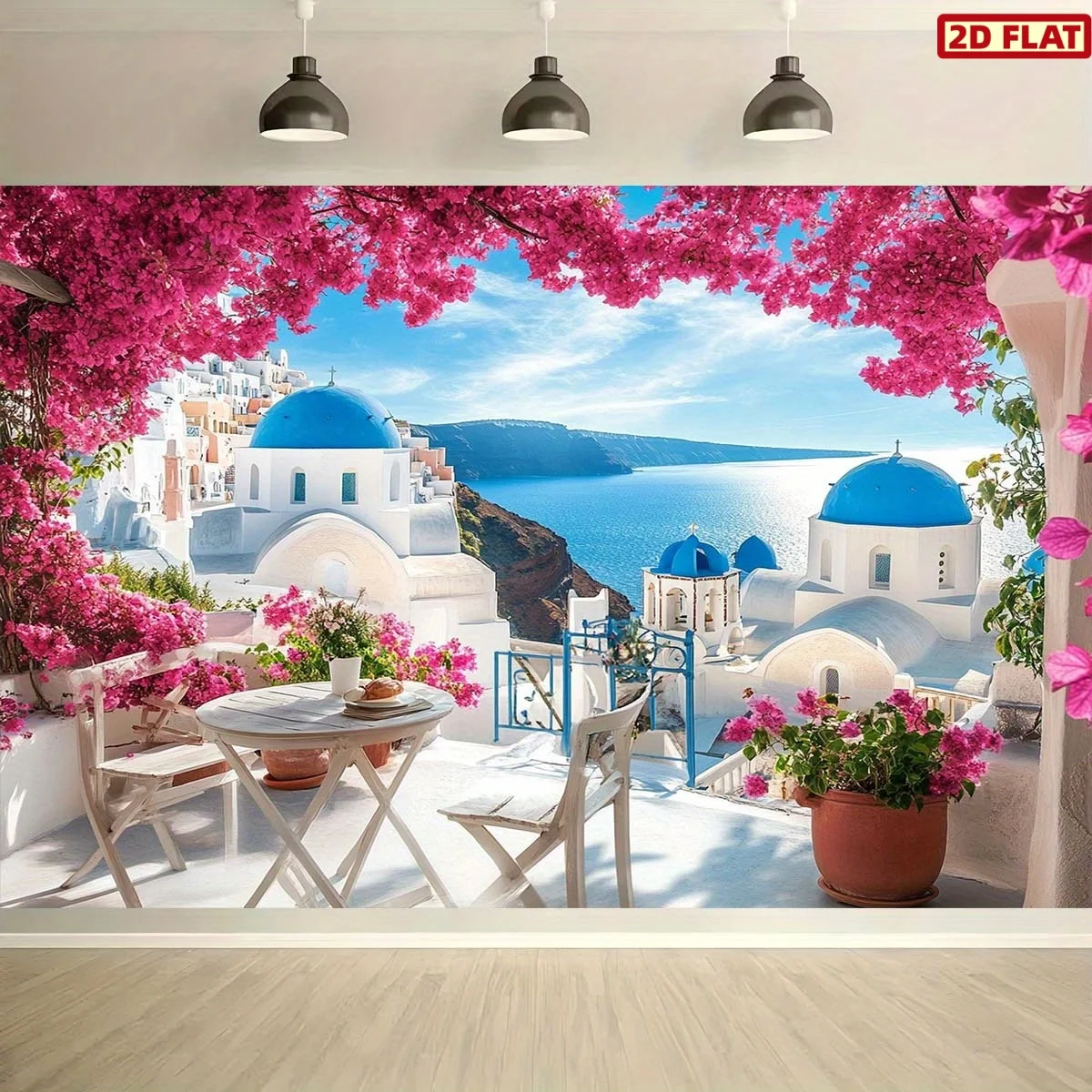 2D Flat, 1pc Santorini Greece Wall Tapestry 2D Flat Print Scenic View Blue Domes Pink Flowers Mediterranean Decor Living Room