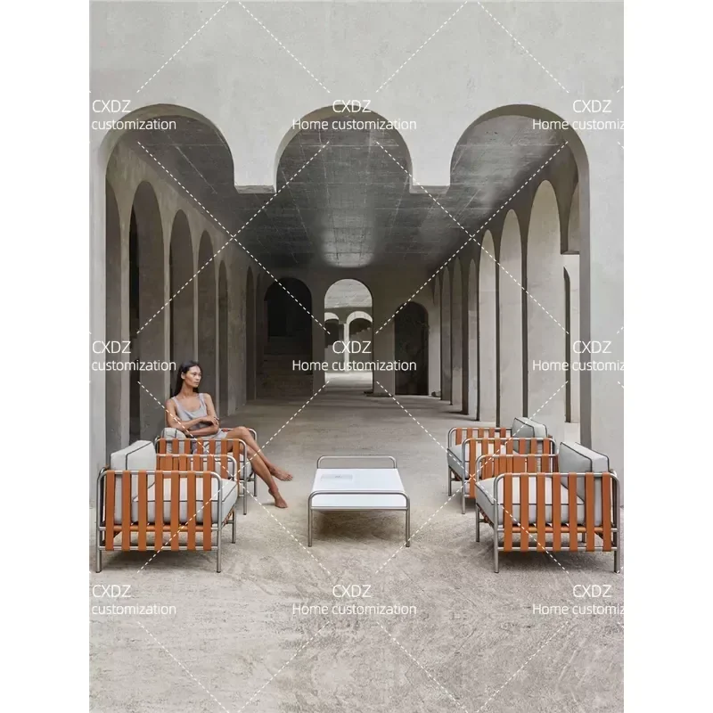 Outdoor Stainless Steel Rattan Sofa Set with Coffee Table Weatherproof Patio Furniture for Villa Garden Courtyard Balcony
