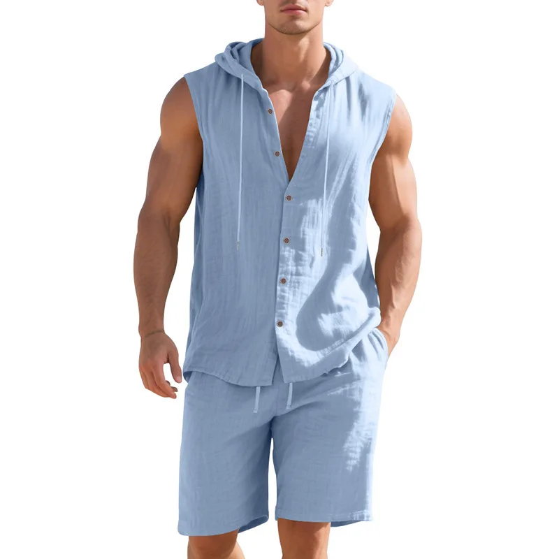 

A Cross-border Loose Linen Casual and Simple Hooded Sleeveless Sports Shirt and Shorts Two-piece Set for Fashionable Men's Wear