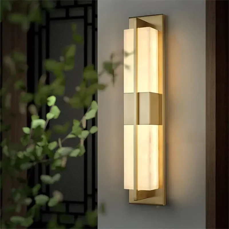 Modern Brass Marble LED Wall Lamp Waterproof Outdoor Lighting for Villa Courtyard Hotel Corridor Balcony Door Exterior Decor