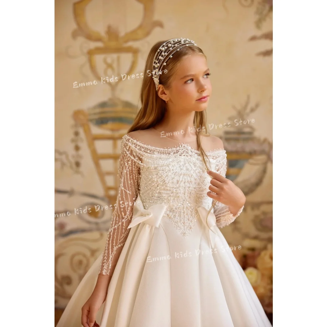 Custom Luxury White Pearl Beaded Flower Girl Dress Wedding Puffy Skirt First Communion Baby Girl Birthday Party view 6