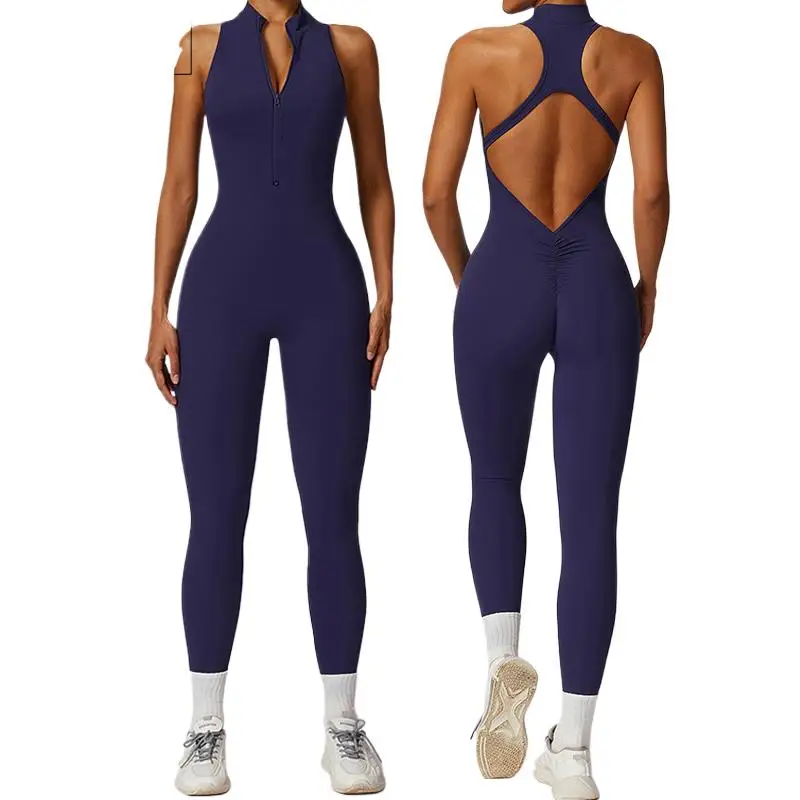 

V Back One-piece Suit Women Sports Jumpsuit Zippers Yoga Rompers Backless Sportswear Women Sleeveles Workout Bodysuits Female