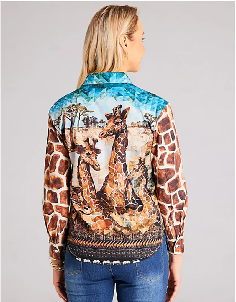 Button Shirt Women's Tops Giraffe Printing Spring and Autumn V-neck Women's Casual Fashion Zoo Elements