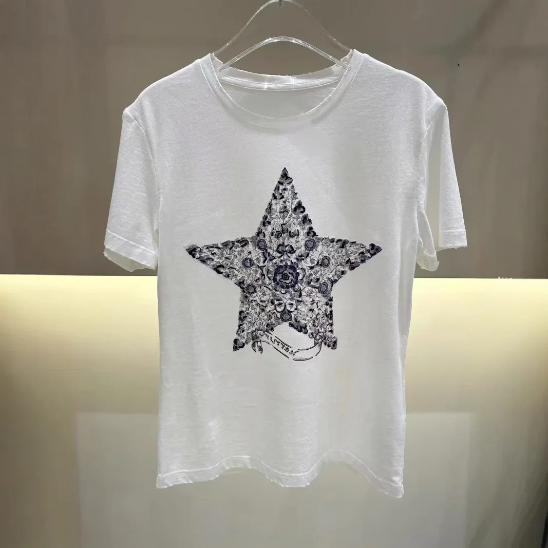 Trendy Letter Embroidery Star Decoration Casual Versatile Short Sleeve T-Shirt Women's Crew Neck Cotton Trendy Brand Decoration