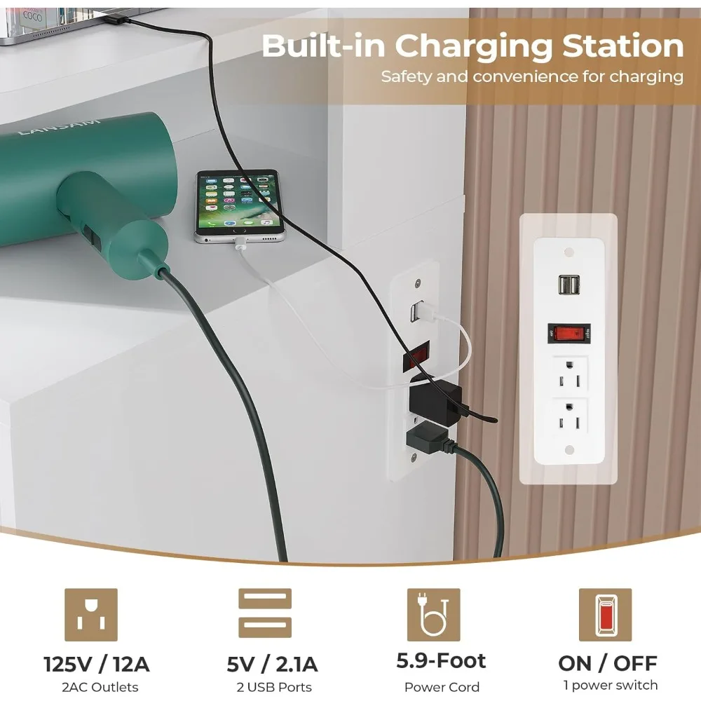 مكتب زينة أبيض مضيء مع 7 أدراج ومرآة ومنفذ شحن وخزانة زجاجية rgb #4